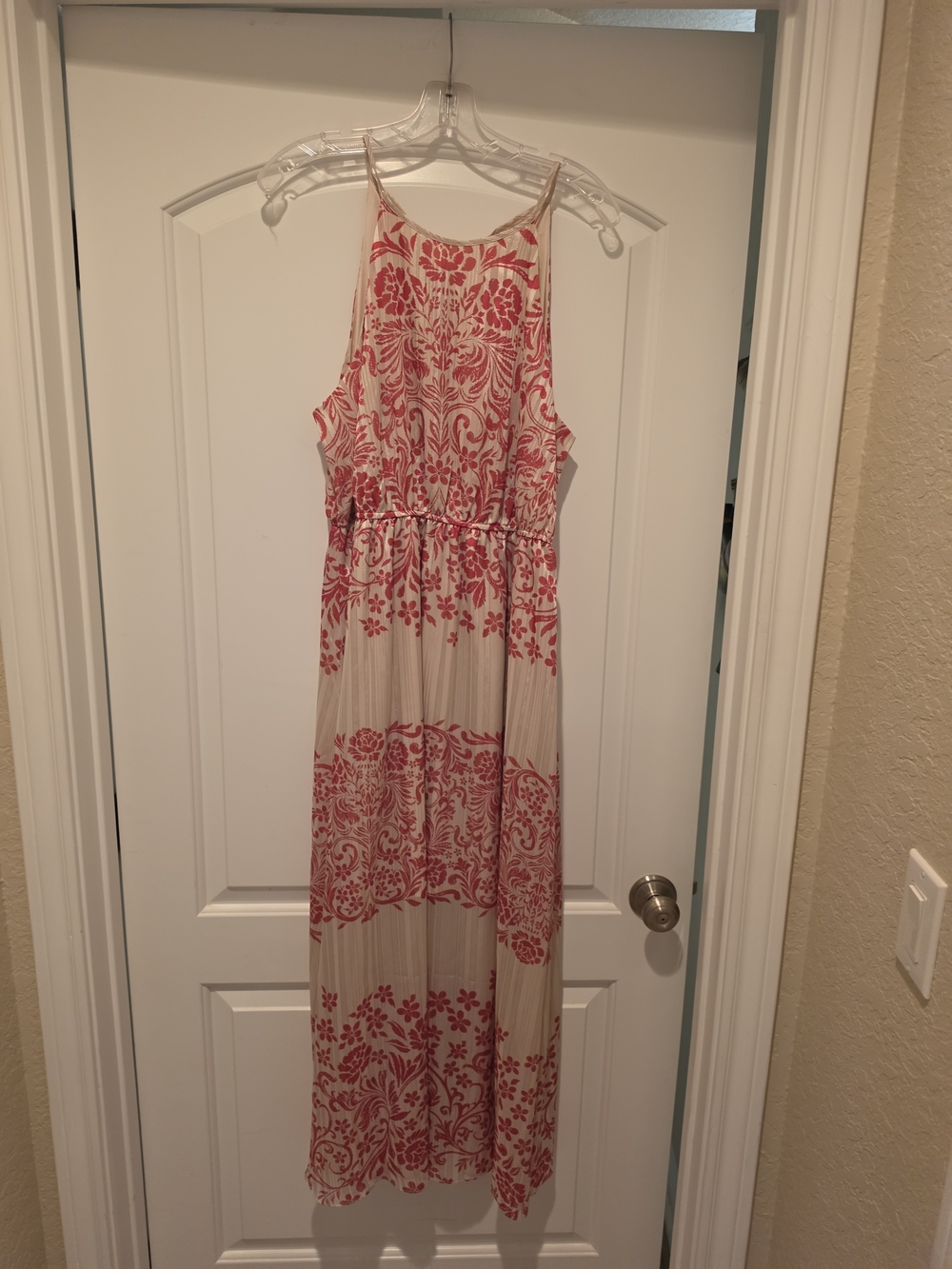Savanna Jane Shimmery Cream Maxi Dress with Dark Pink Floral Motif